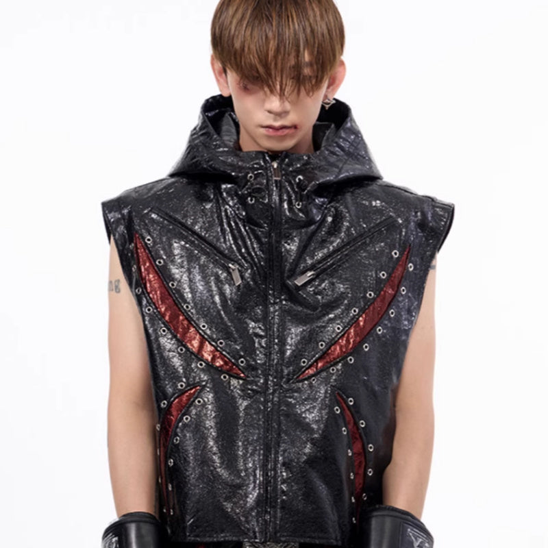 Dark Sleeveless Hooded Vest Coat