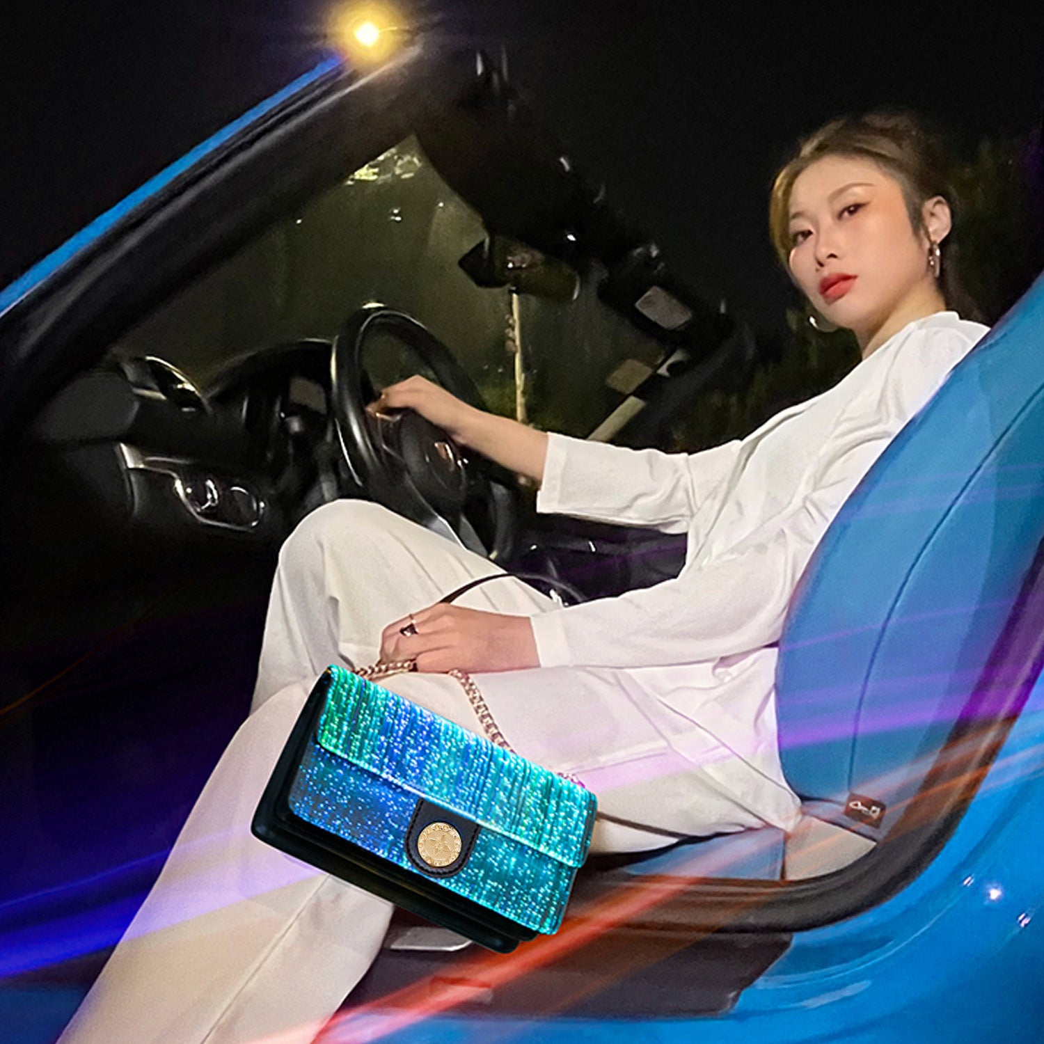 Optical Fiber Leather Luminous Women's Bag Small Square Bag