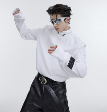 Zip-up Stand-up Collar Shoulder Pad Base Shirt