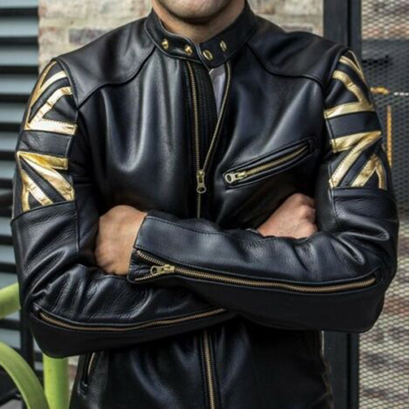 Solid color stand-up collar multi-zip fit PU leather jacket