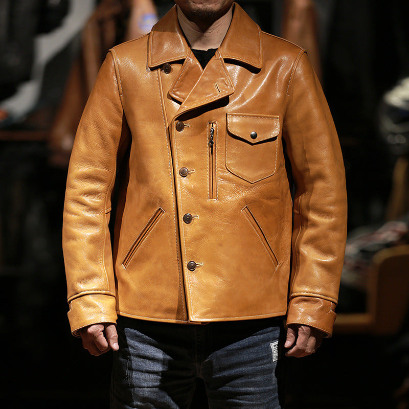 Bear Leather Jacket Men's Lapel Oil Wax Cowhide Coat