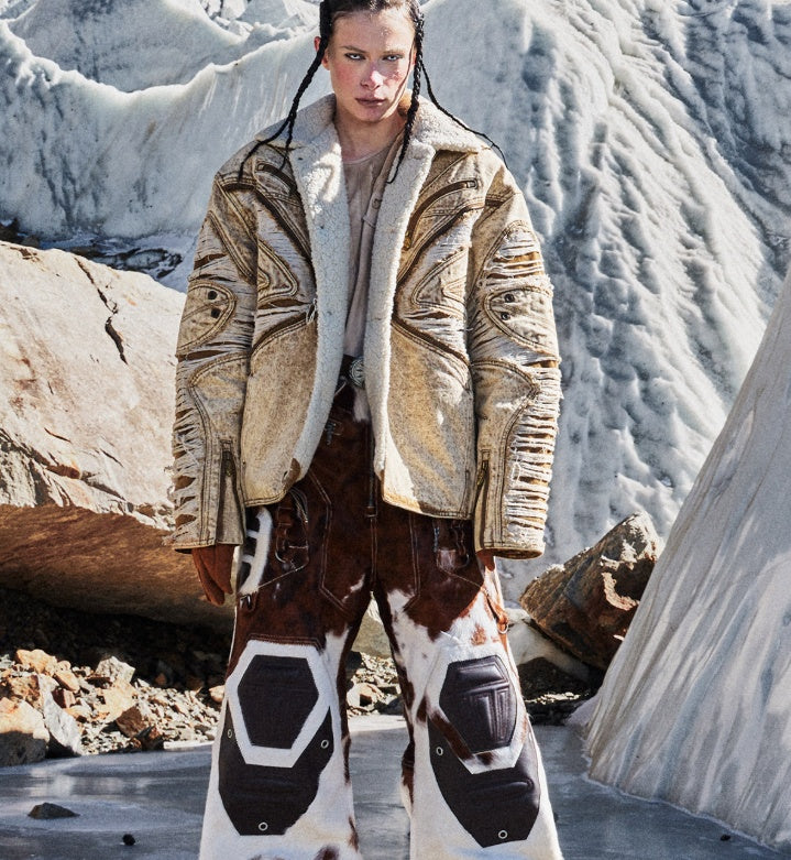 Ravaged And Distressed Apricot Lambswool Denim Jacket